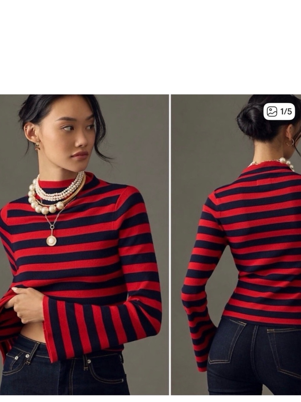Maeve/ anthropologie red and navy horizontal striped mock neck sweater